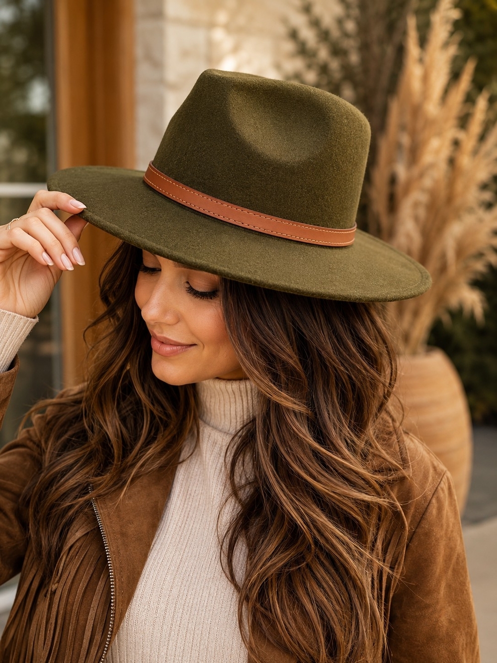 Fadivo NWT Women’s Olive Green Fedora Hat with Brown Trim